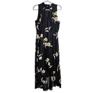 WHITE HOUSE BLACK MARKET Flowy Long High Low Dress BLACK w YELLOW FLORAL size 14